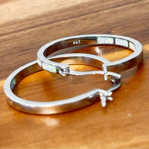 New Sterling Silver Iridescent Opal Hoop Earrings 925 - Picture 5 of 8